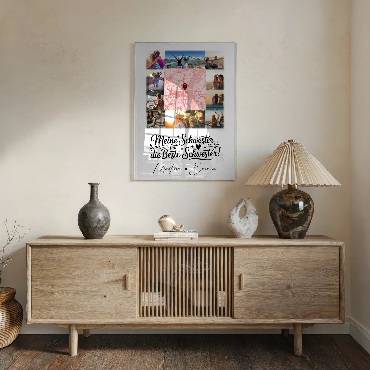 Personalisierte Foto Acrylglas mit 10 Fotos und Karte in der Mitte Meine Schwester hat die beste Schwester