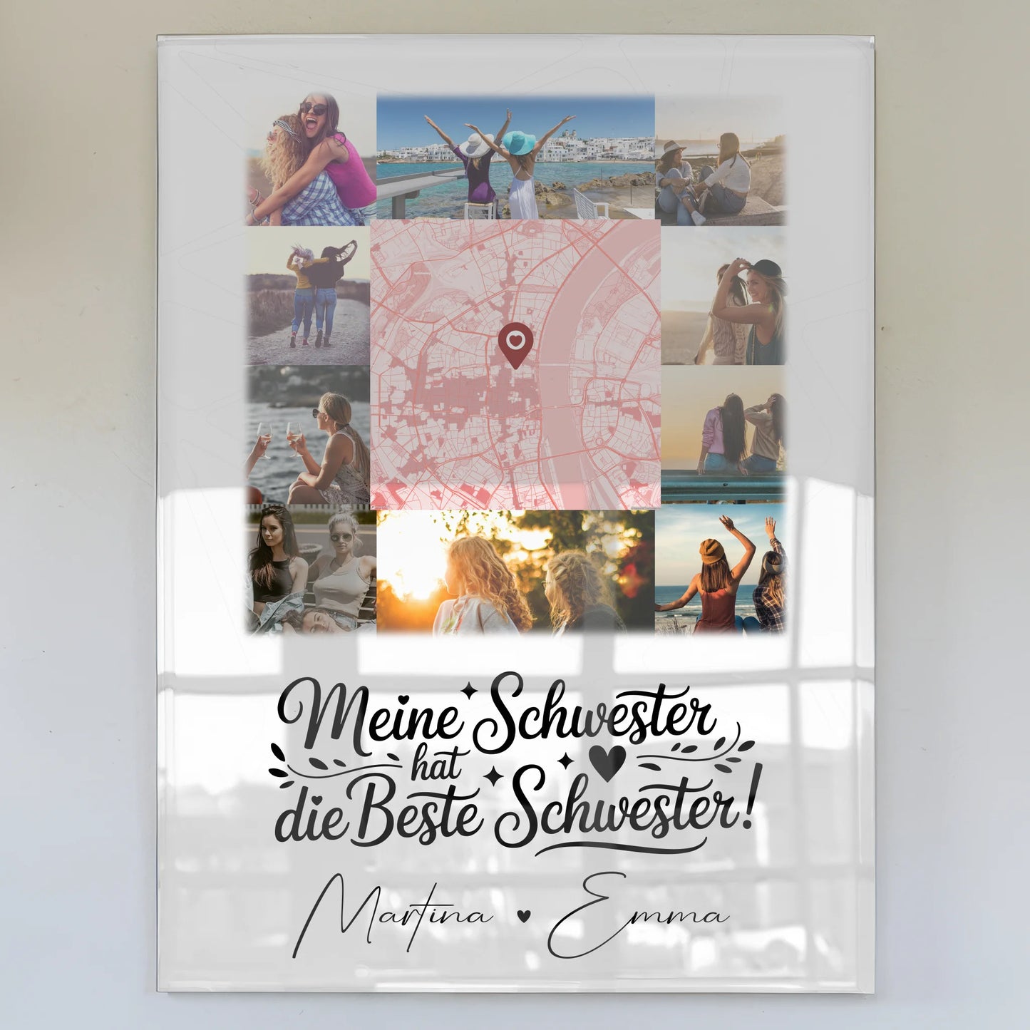 Personalisierte Foto Acrylglas mit 10 Fotos und Karte in der Mitte Meine Schwester hat die beste Schwester