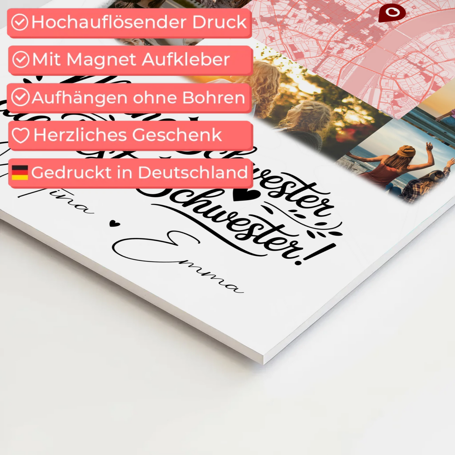 Personalisiertes Fotoboard Magnet Wandbild mit 10 Fotos und Karte für Meine Schwester Beste Schwester 4