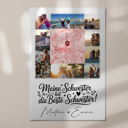 Personalisiertes Fotoboard Magnet Wandbild mit 10 Fotos und Karte für Meine Schwester Beste Schwester