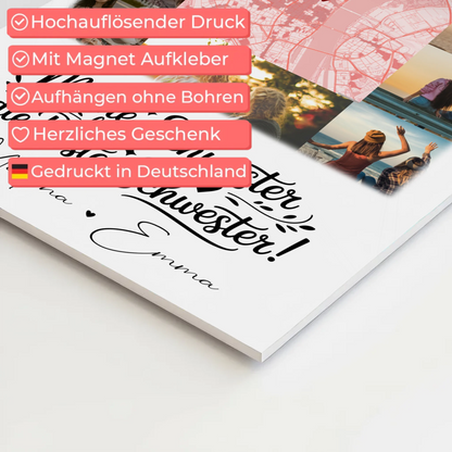 Personalisiertes Fotoboard Magnet Wandbild mit 10 Fotos und Karte für Meine Schwester Beste Schwester