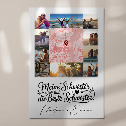 Personalisiertes Fotoboard Magnet Wandbild mit 10 Fotos und Karte für Meine Schwester Beste Schwester