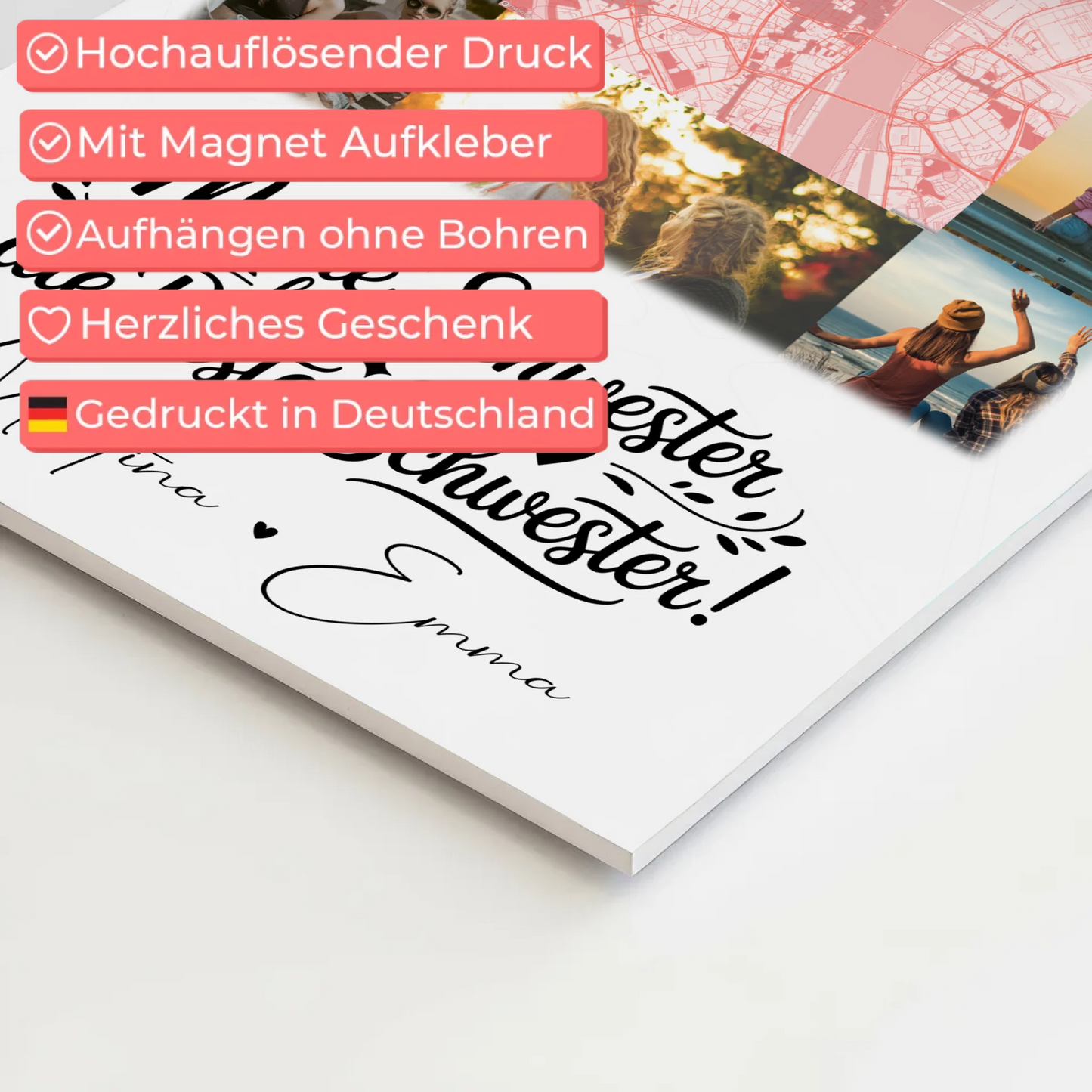 Personalisiertes Fotoboard Magnet Wandbild mit 10 Fotos und Karte für Meine Schwester Beste Schwester