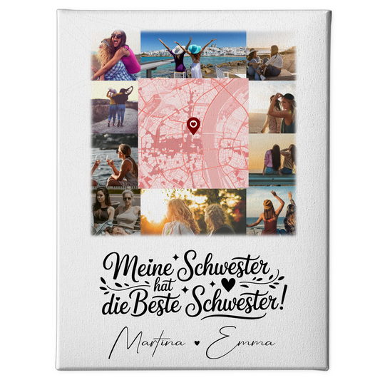 Leinwand Schwester mit 10 Fotos und Karte in der Mitte Meine Schwester hat die beste Schwester