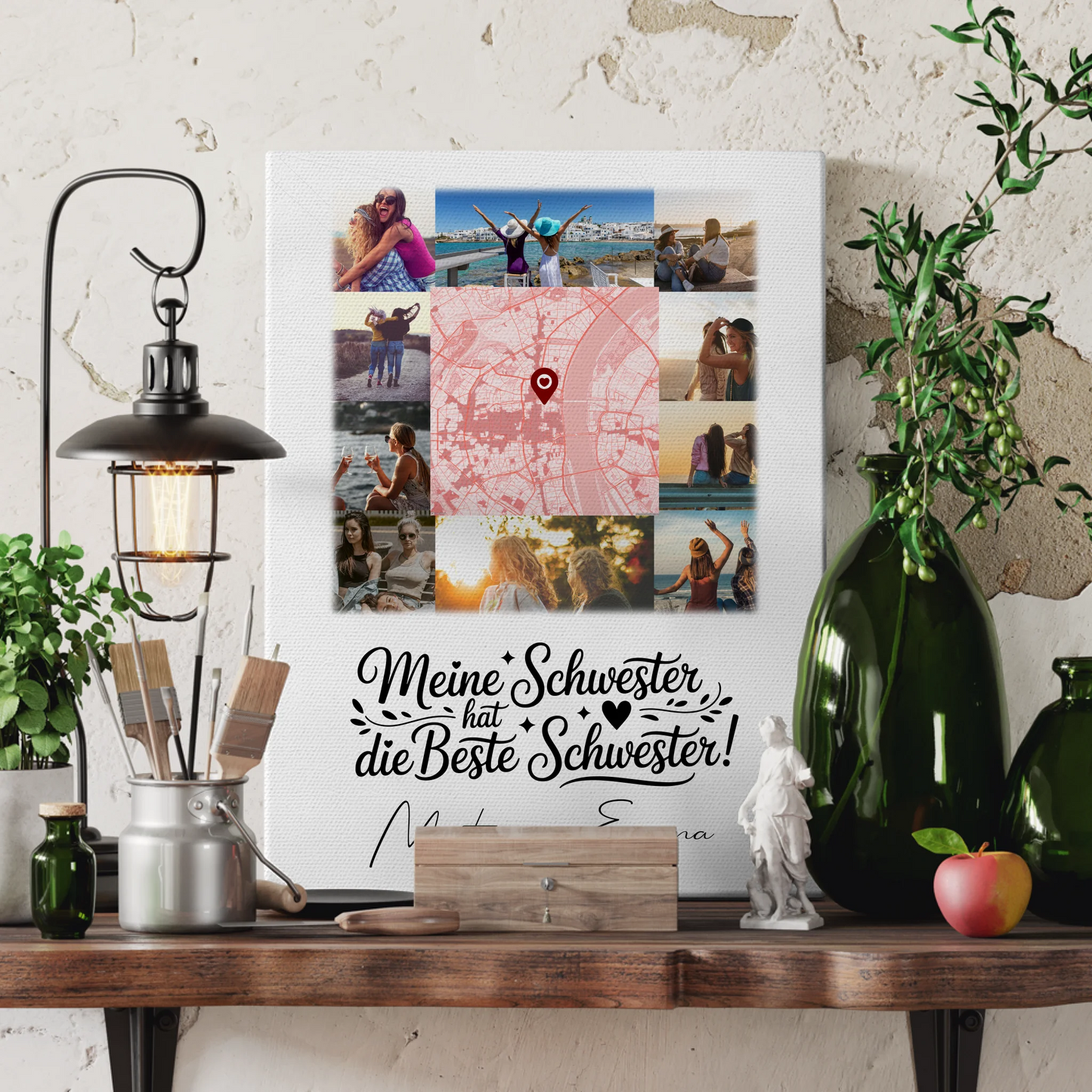 Leinwand Schwester mit 10 Fotos und Karte in der Mitte Meine Schwester hat die beste Schwester