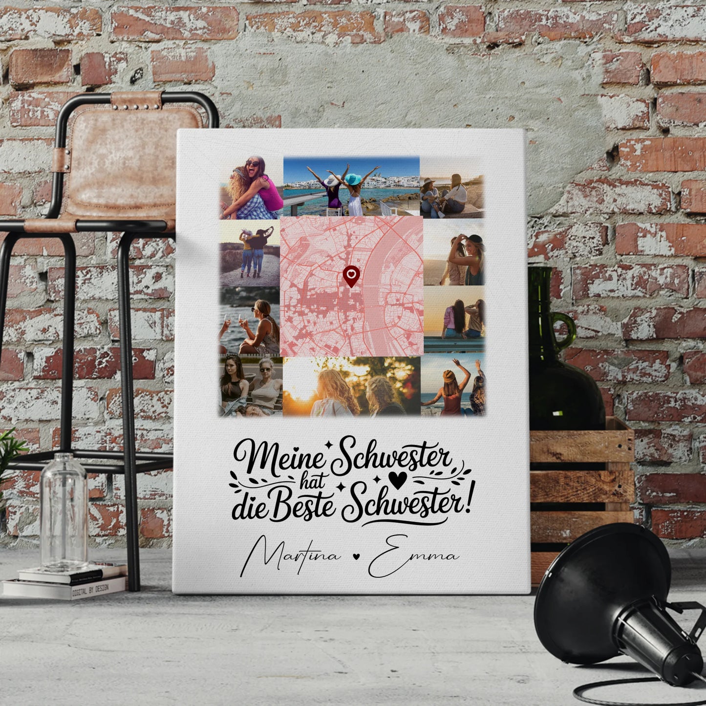 Leinwand Schwester mit 10 Fotos und Karte in der Mitte Meine Schwester hat die beste Schwester