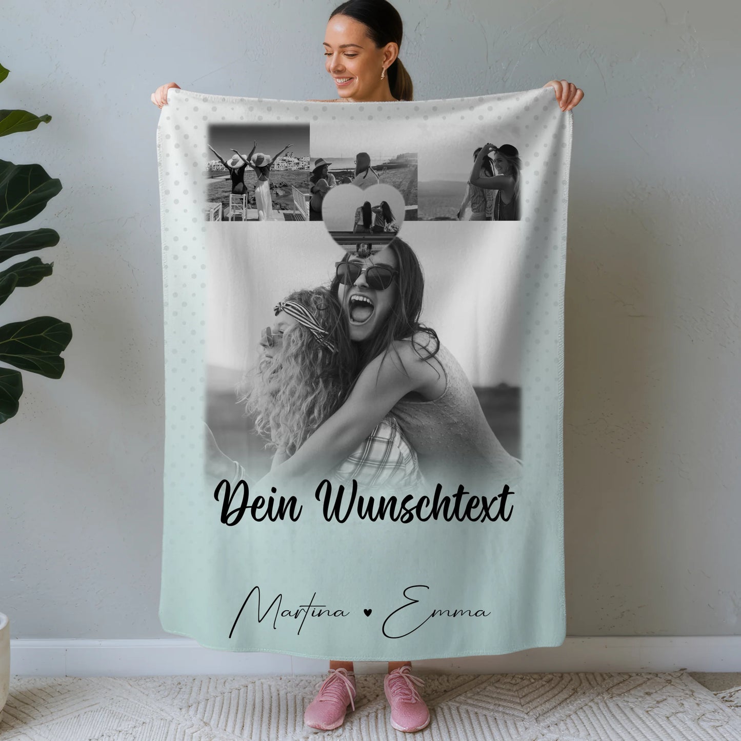 Personalisierte Namensdecke mit 4 Fotos 1 Herz Wunschtext wie Daumen und Zeigefinger 1