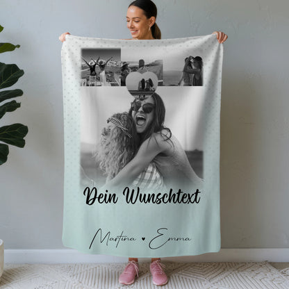 Personalisierte Namensdecke mit 4 Fotos 1 Herz Wunschtext wie Daumen und Zeigefinger 1