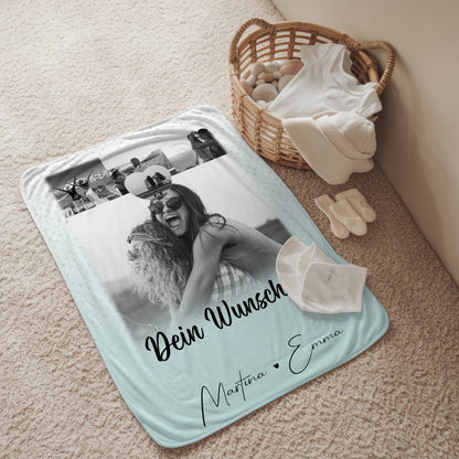 Personalisierte Namensdecke mit 4 Fotos 1 Herz Wunschtext wie Daumen und Zeigefinger 2
