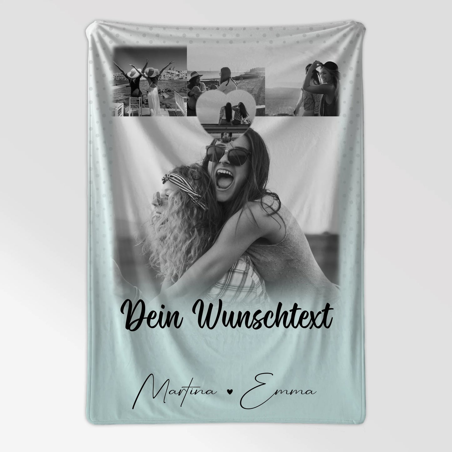 Personalisierte Namensdecke mit 4 Fotos 1 Herz Wunschtext wie Daumen und Zeigefinger 7
