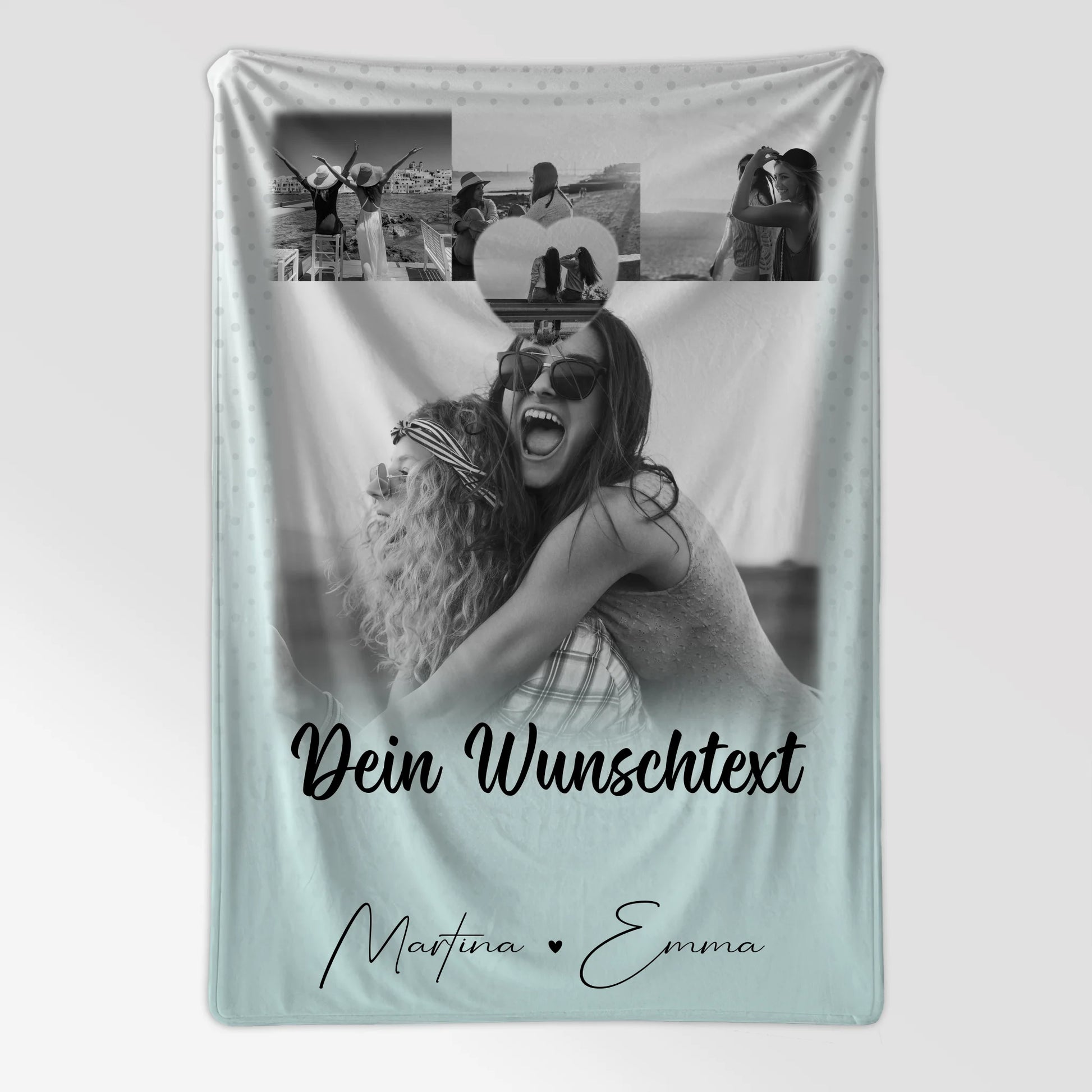 Personalisierte Namensdecke mit 4 Fotos 1 Herz Wunschtext wie Daumen und Zeigefinger 7