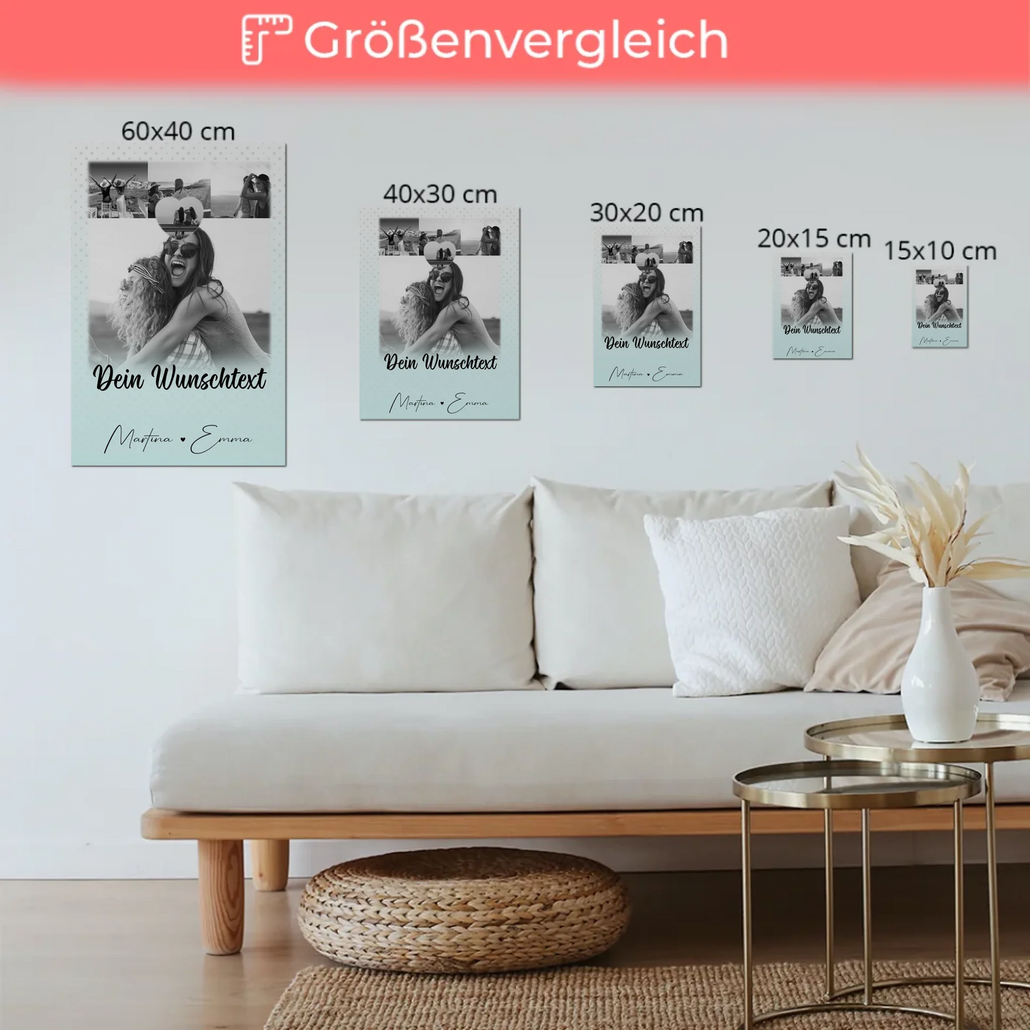 Personalisierbares Fotoboard Poster Magnetisch mit 4 Fotos Herz Wunschtext Wie Daumen und Zeigefinger