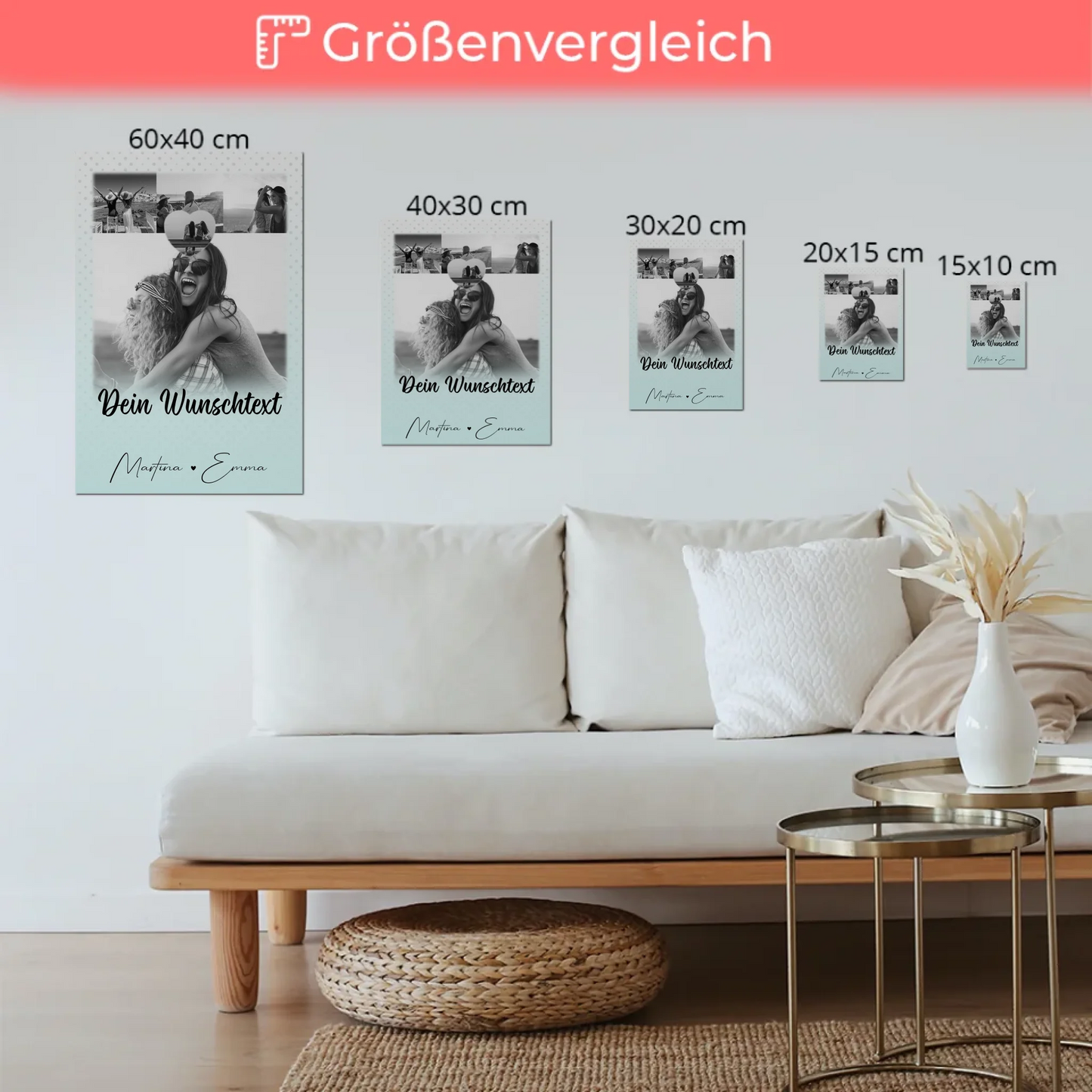 Personalisierbares Fotoboard Poster Magnetisch mit 4 Fotos Herz Wunschtext Wie Daumen und Zeigefinger