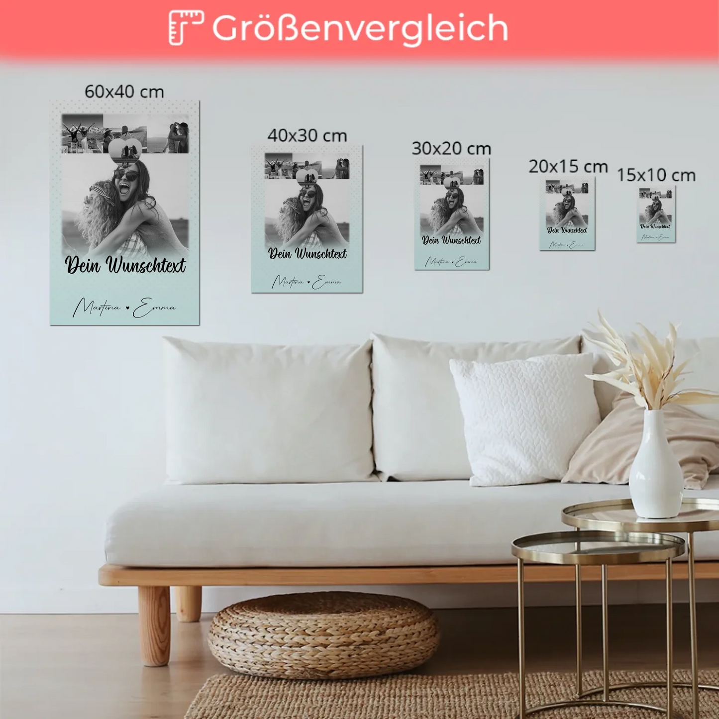 Personalisierbares Fotoboard Poster Magnetisch mit 4 Fotos Herz Wunschtext Wie Daumen und Zeigefinger