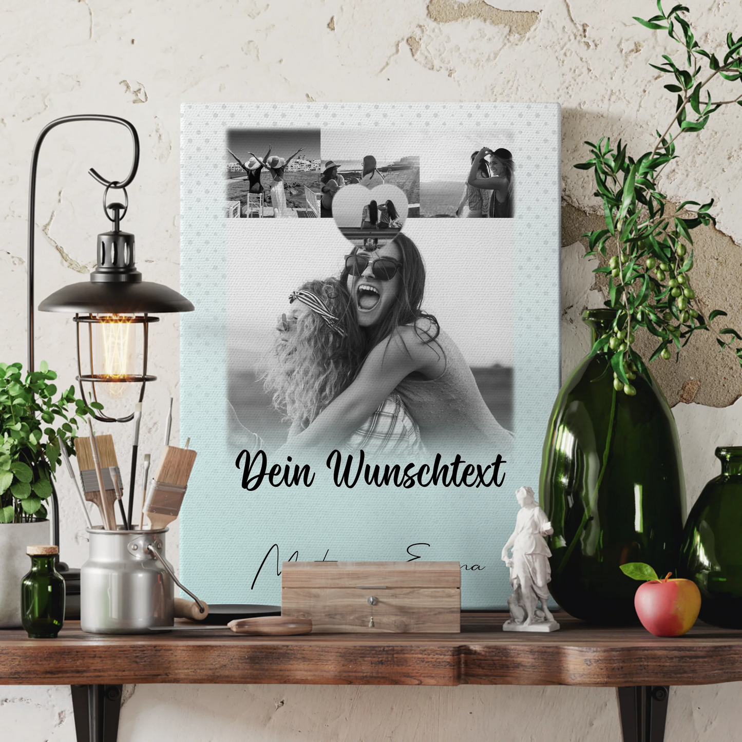 Personalisierte Schwester Leinwand mit 4 Fotos 1 Herz Wunschtext und Daumen Zeigefinger
