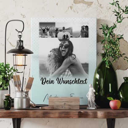Personalisierte Schwester Leinwand mit 4 Fotos 1 Herz Wunschtext und Daumen Zeigefinger