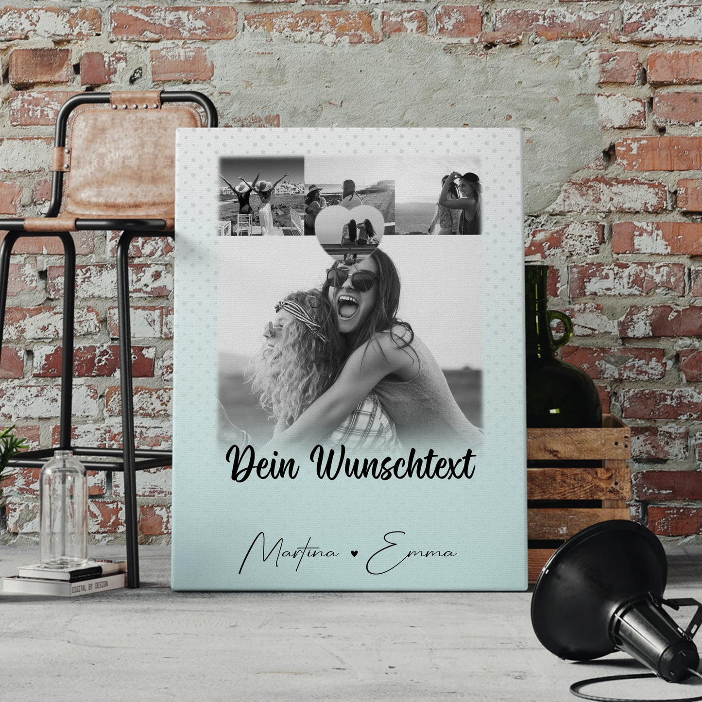 Personalisierte Schwester Leinwand mit 4 Fotos 1 Herz Wunschtext und Daumen Zeigefinger