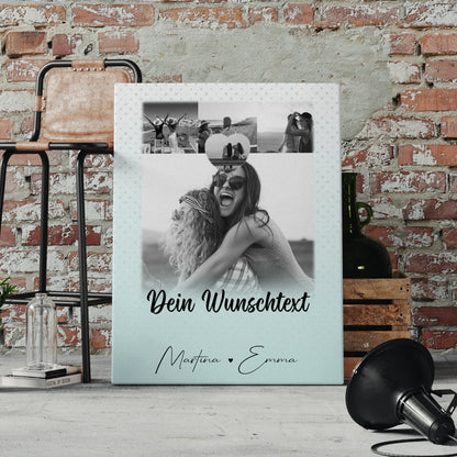 Personalisierte Schwester Leinwand mit 4 Fotos 1 Herz Wunschtext und Daumen Zeigefinger