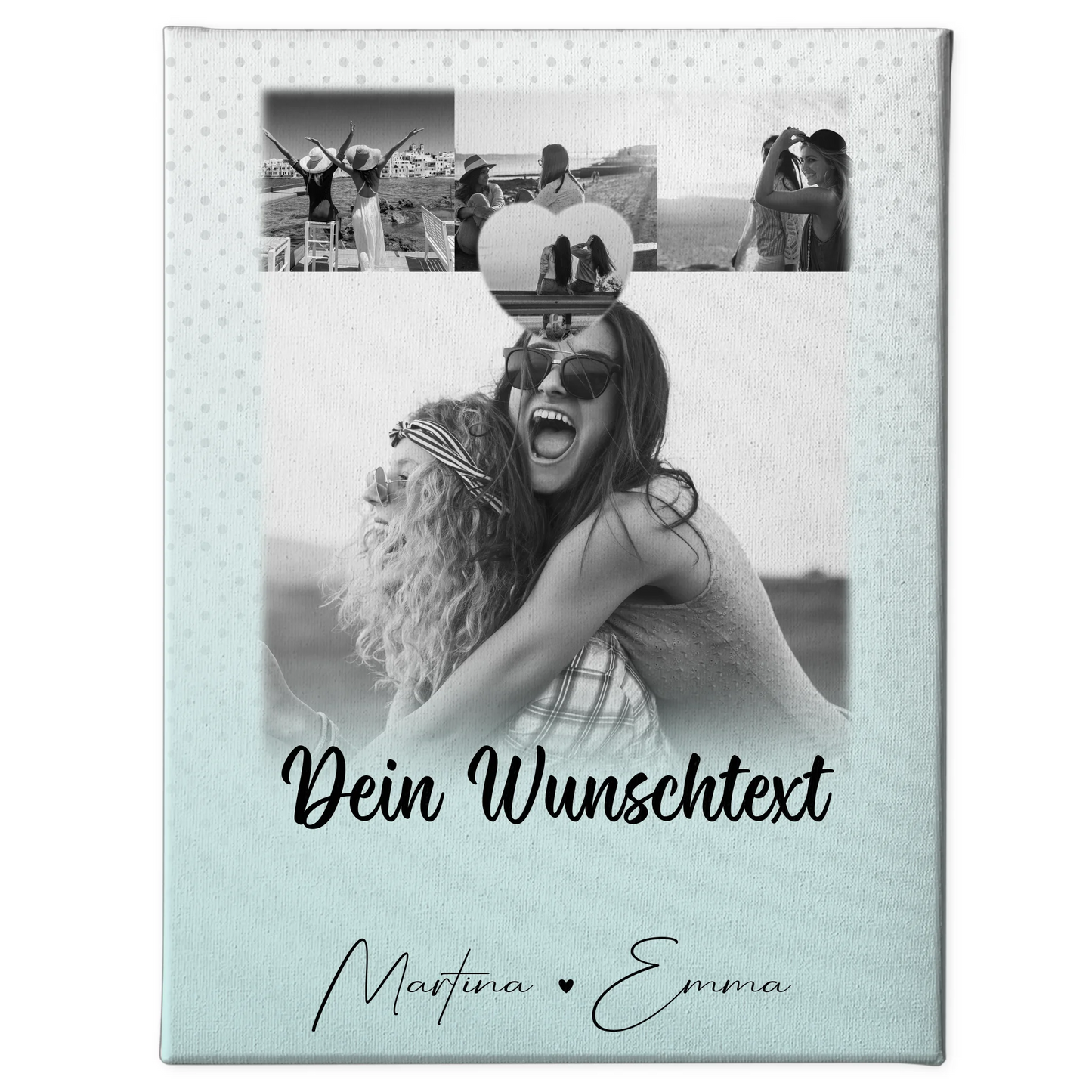Personalisierte Schwester Leinwand mit 4 Fotos 1 Herz Wunschtext und Daumen Zeigefinger