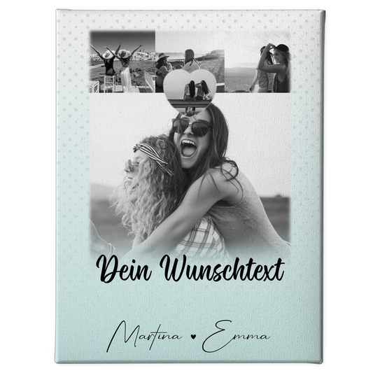 Personalisierte Schwester Leinwand mit 4 Fotos 1 Herz Wunschtext und Daumen Zeigefinger
