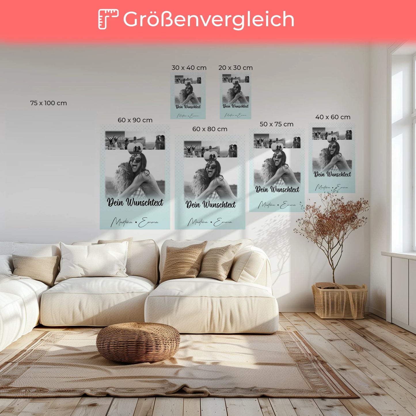 Personalisierte Schwester Leinwand mit 4 Fotos 1 Herz Wunschtext und Daumen Zeigefinger