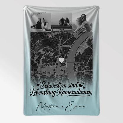 Personalisierte Namensdecke mit 4 Fotos und Karte für Schwestern sind Kameradinnen 7