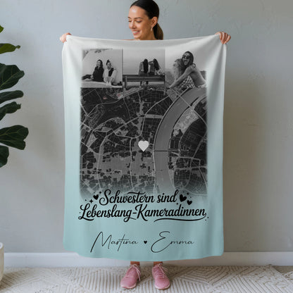 Personalisierte Namensdecke mit 4 Fotos und Karte für Schwestern sind Kameradinnen 1