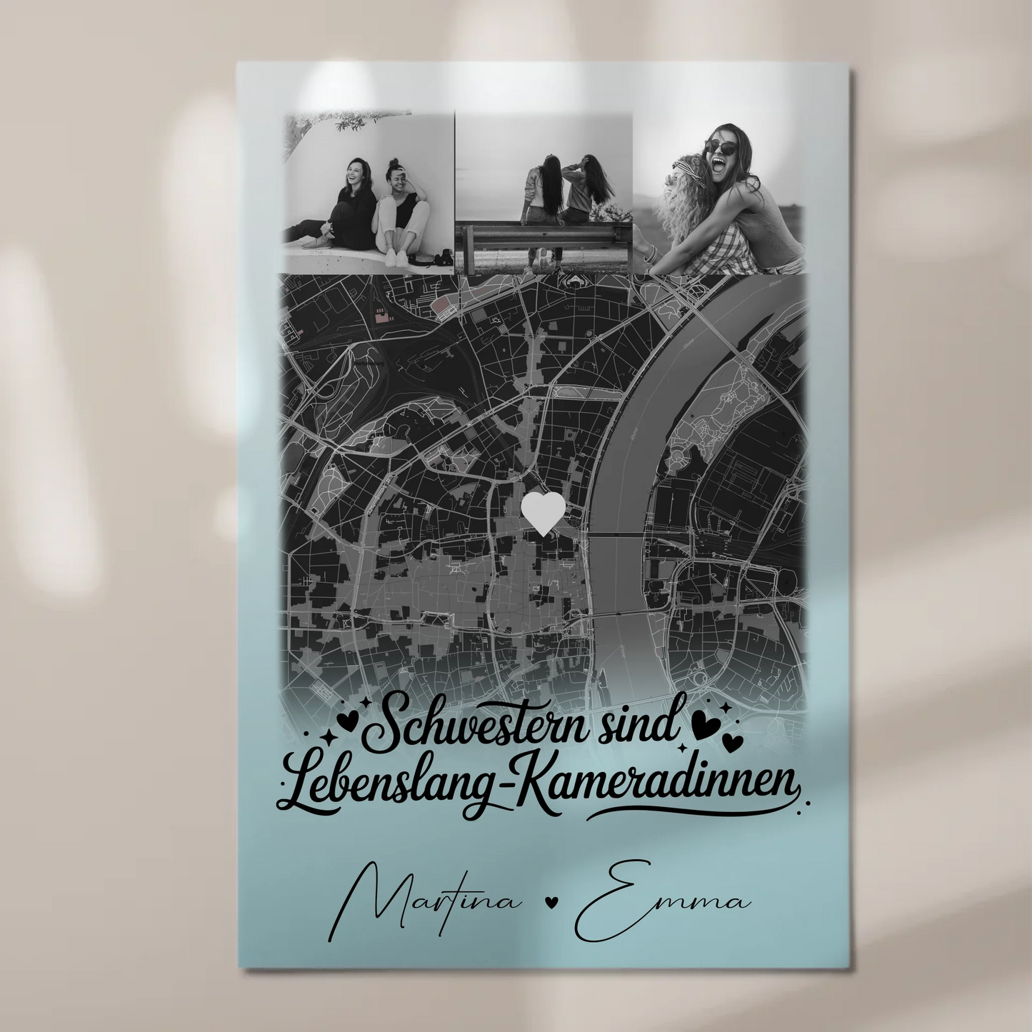 Magnetposter Fotoboard mit 4 Fotos und Karte Schwestern sind Kameradinnen 1