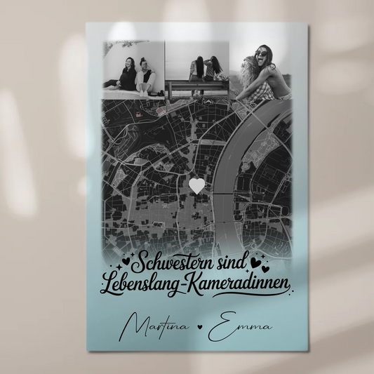 Magnetposter Fotoboard mit 4 Fotos und Karte Schwestern sind Kameradinnen 1