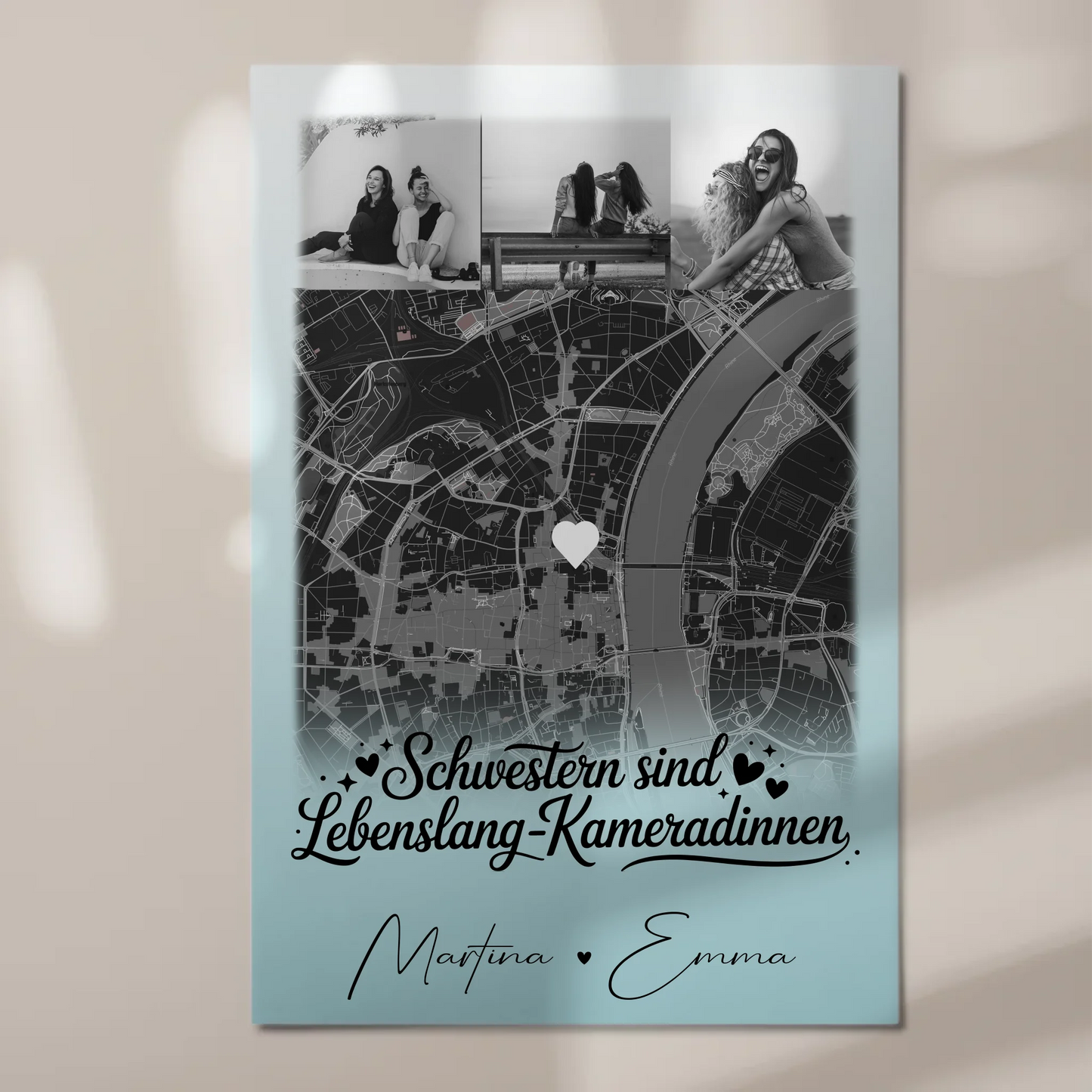 Magnetposter Fotoboard mit 4 Fotos und Karte Schwestern sind Kameradinnen