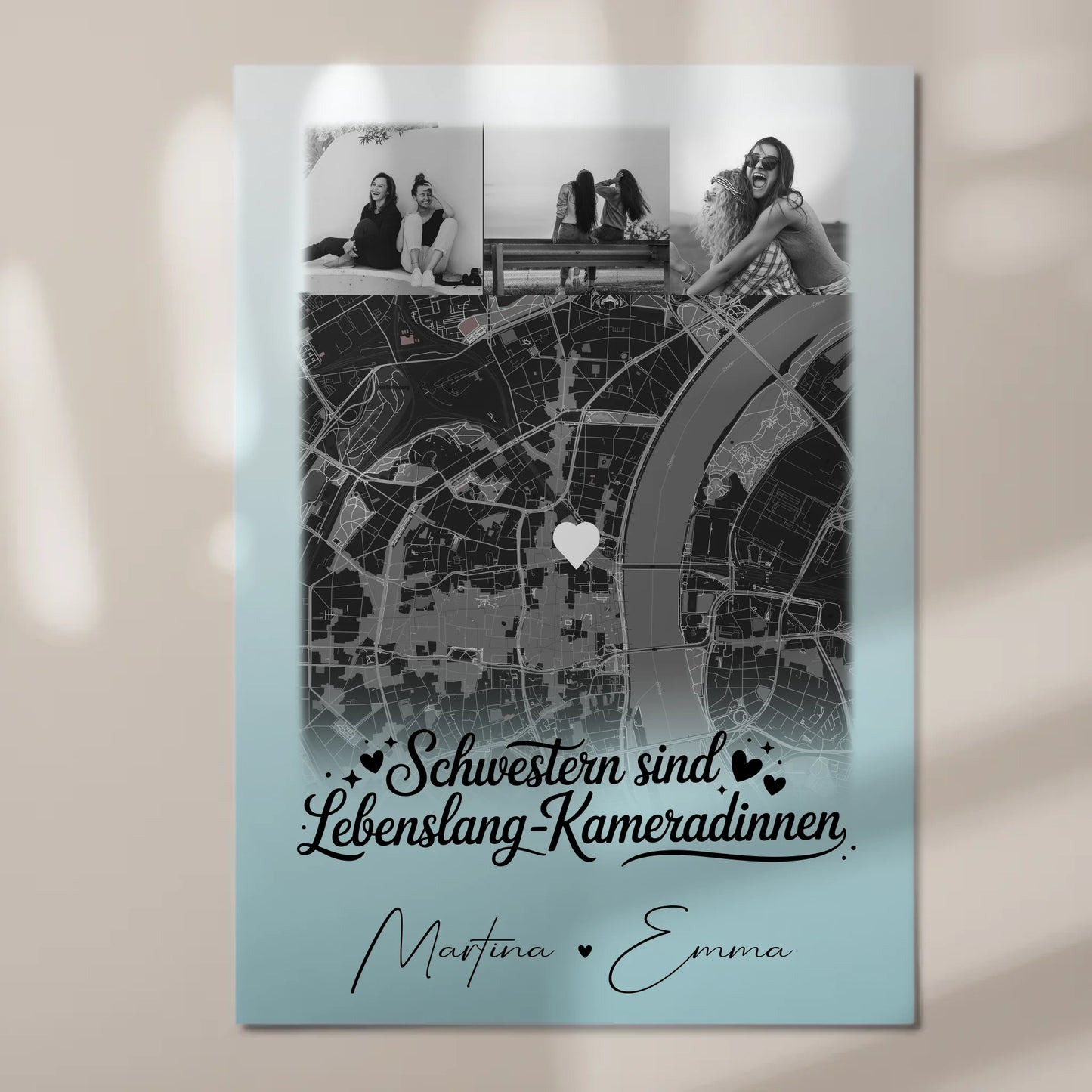 Magnetposter Fotoboard mit 4 Fotos und Karte Schwestern sind Kameradinnen