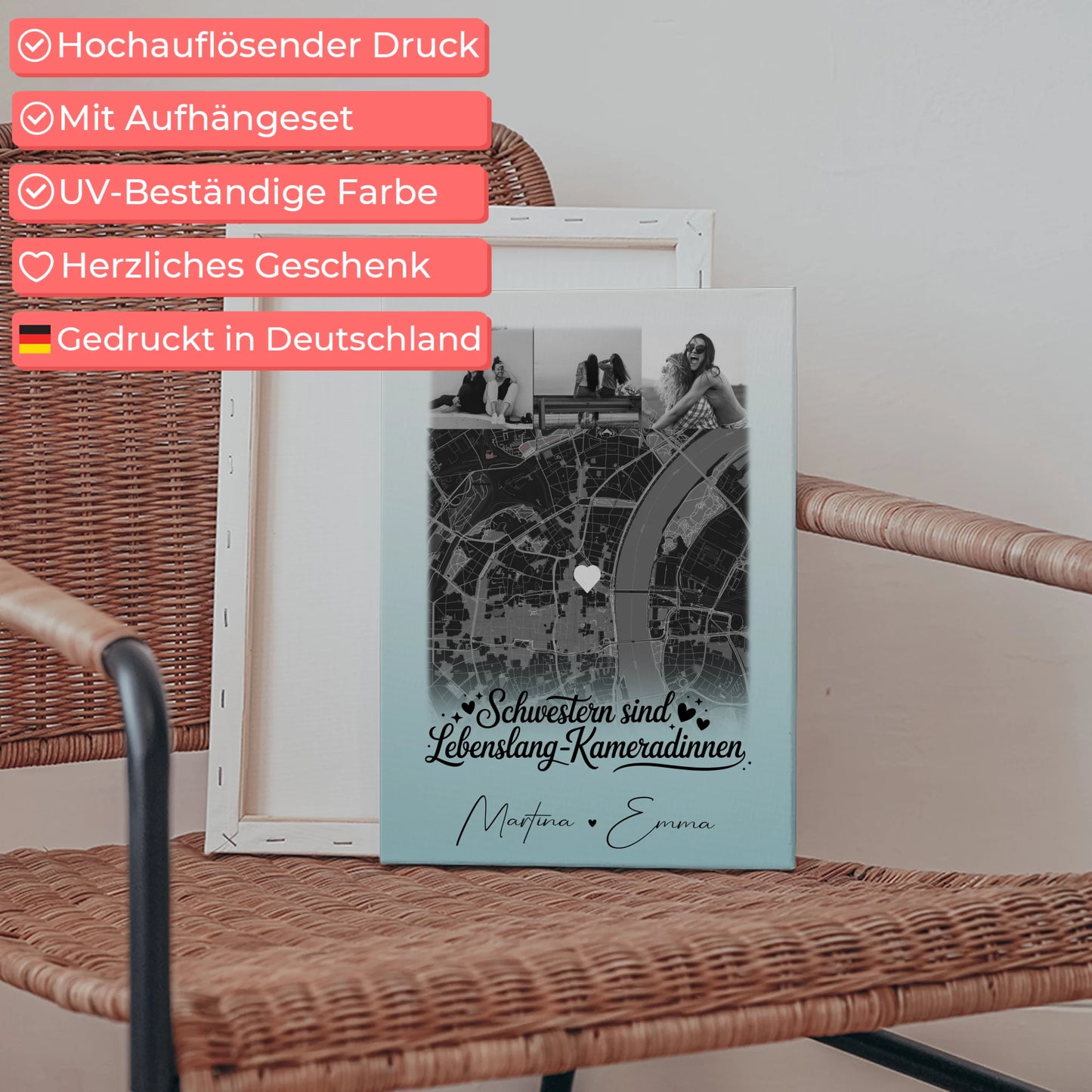 Personalisierte Schwester Leinwand mit 4 Fotos und Karte Schwestern sind Kameradinnen