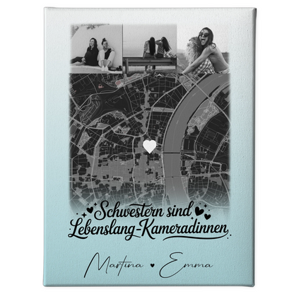 Personalisierte Schwester Leinwand mit 4 Fotos und Karte Schwestern sind Kameradinnen