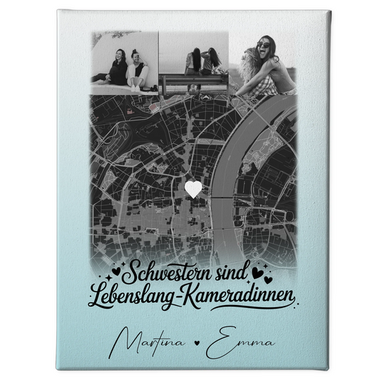 Personalisierte Schwester Leinwand mit 4 Fotos und Karte Schwestern sind Kameradinnen