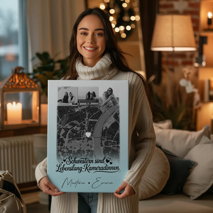 Personalisierte Schwester Leinwand mit 4 Fotos und Karte Schwestern sind Kameradinnen
