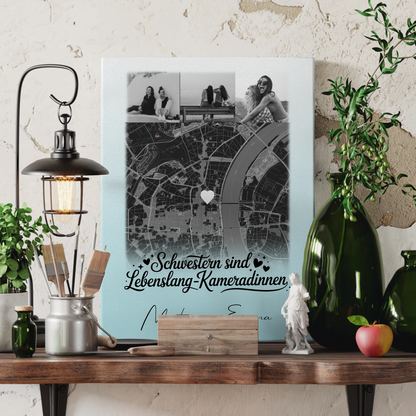 Personalisierte Schwester Leinwand mit 4 Fotos und Karte Schwestern sind Kameradinnen