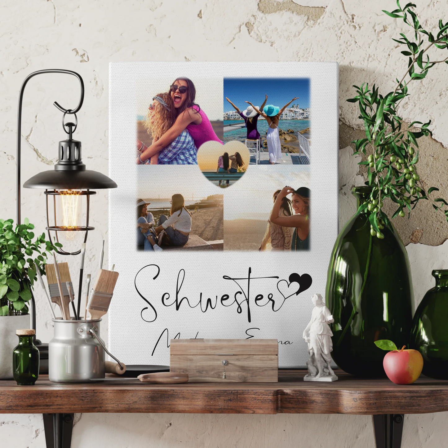 Personalisierte Schwester Leinwand mit Fotos und 1 Herz Foto Geschenk für Geschwister