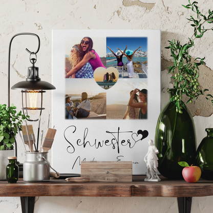 Personalisierte Schwester Leinwand mit Fotos und 1 Herz Foto Geschenk für Geschwister
