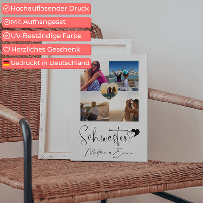 Personalisierte Schwester Leinwand mit Fotos und 1 Herz Foto Geschenk für Geschwister