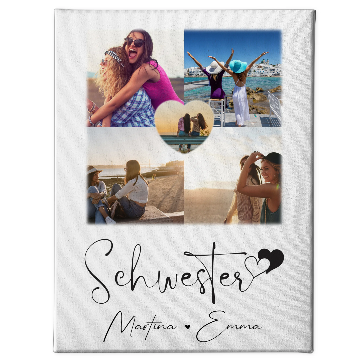 Personalisierte Schwester Leinwand mit Fotos und 1 Herz Foto Geschenk für Geschwister