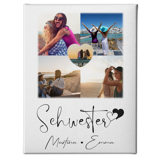 Personalisierte Schwester Leinwand mit Fotos und 1 Herz Foto Geschenk für Geschwister