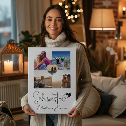 Personalisierte Schwester Leinwand mit Fotos und 1 Herz Foto Geschenk für Geschwister