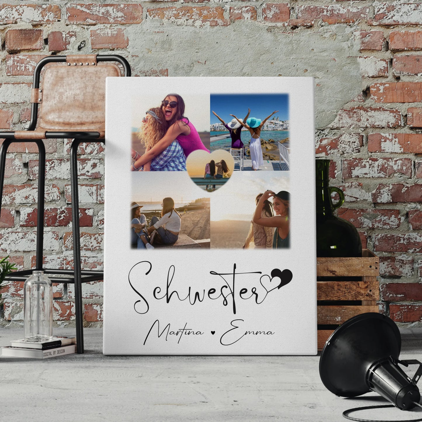 Personalisierte Schwester Leinwand mit Fotos und 1 Herz Foto Geschenk für Geschwister