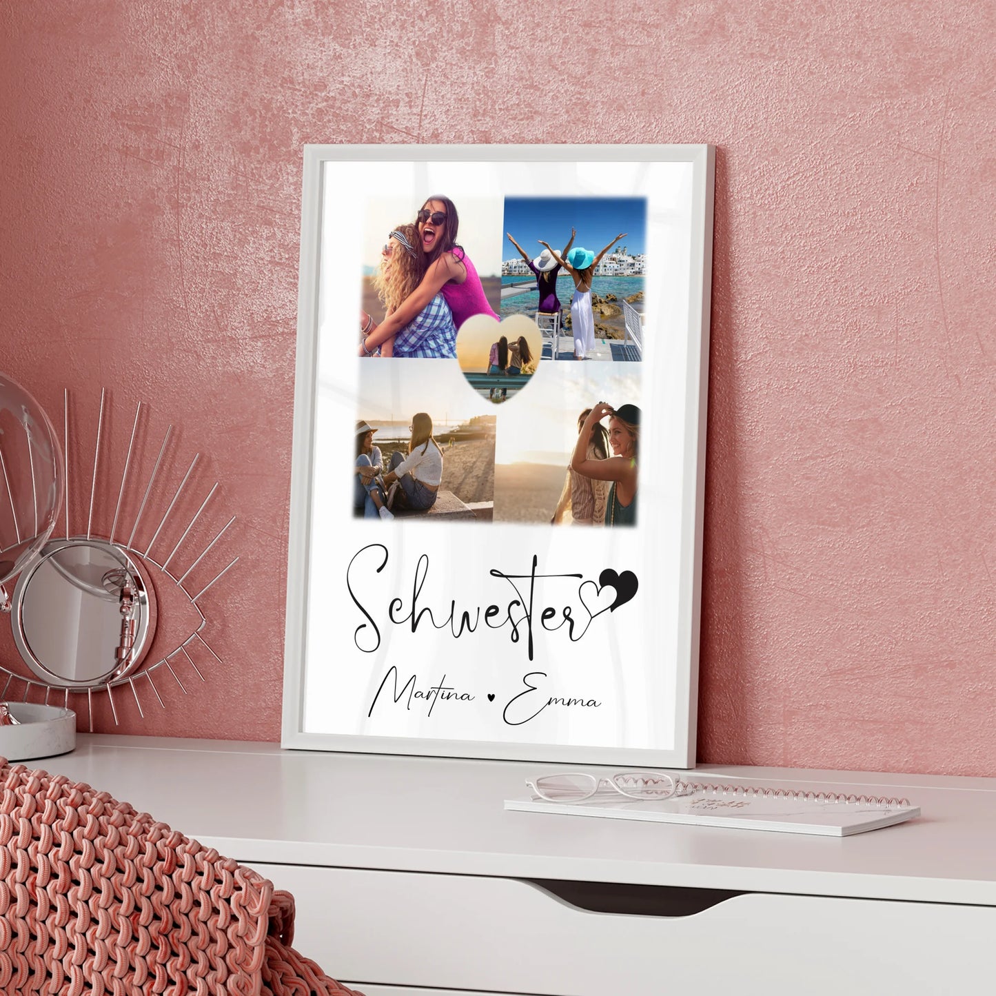 Einzigartiges Schwester Poster Geschenk mit 4 Fotos & 1 Herz Foto