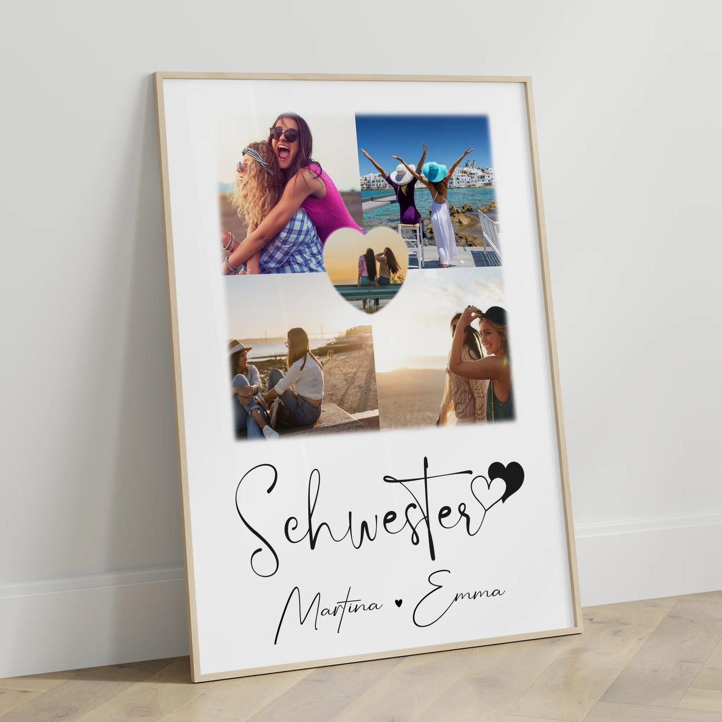 Einzigartiges Schwester Poster Geschenk mit 4 Fotos & 1 Herz Foto