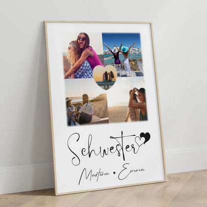 Einzigartiges Schwester Poster Geschenk mit 4 Fotos & 1 Herz Foto