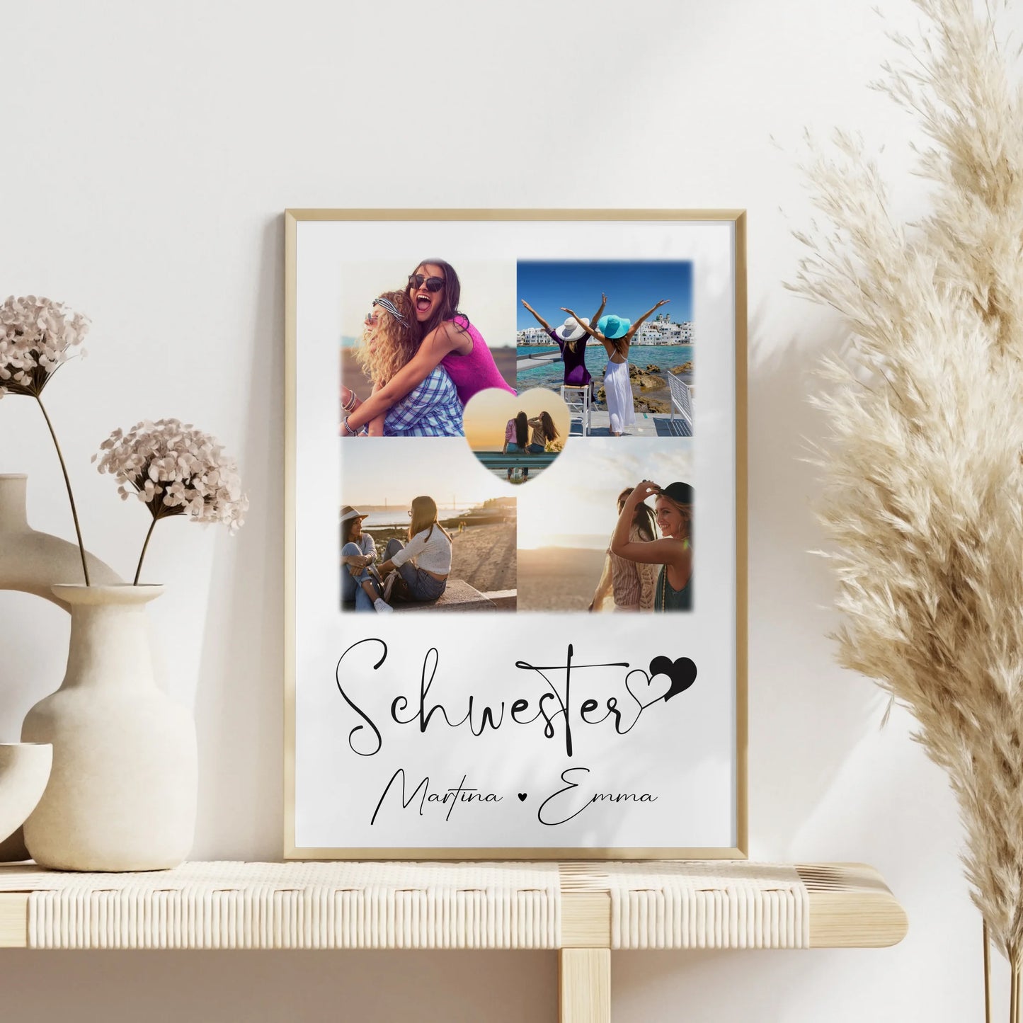 Einzigartiges Schwester Poster Geschenk mit 4 Fotos & 1 Herz Foto