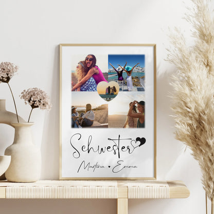 Einzigartiges Schwester Poster Geschenk mit 4 Fotos & 1 Herz Foto