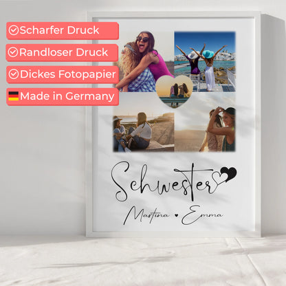 Einzigartiges Schwester Poster Geschenk mit 4 Fotos & 1 Herz Foto