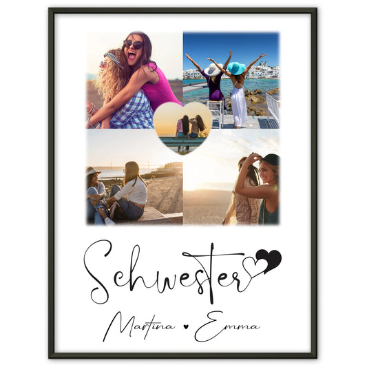 Einzigartiges Schwester Poster Geschenk mit 4 Fotos & 1 Herz Foto